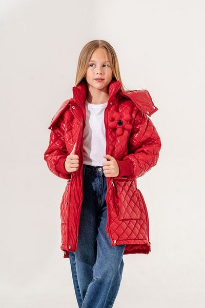 GİYİCEM Girl's Flowered Front Pocket Glossy Coat
