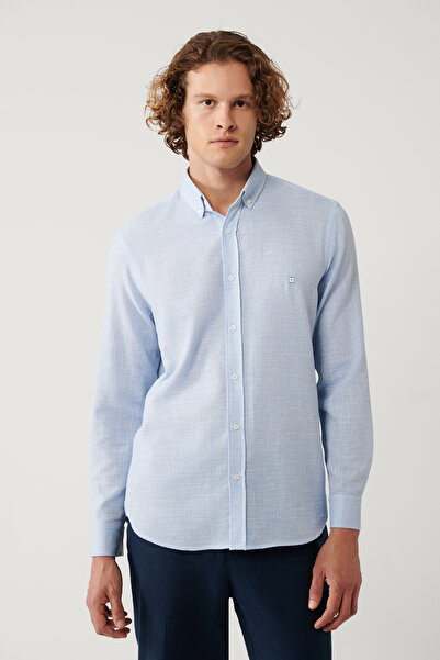 Avva Cămașă pentru bărbați, albastru deschis, cu guler cu nasturi, din bumbac, cu croială normală A41Y2130
