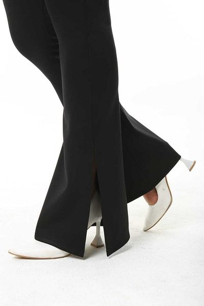 Esina Scuba Fabric Women's Flared Leg Trousers - Side Slit Diver
