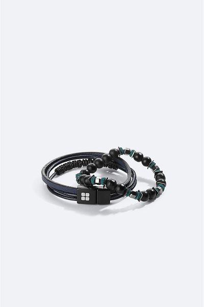 Avva Men's Black 2-Piece 100% Leather and Jewelled Bracelet A32Y9633