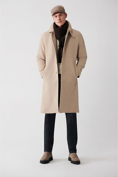 Avva Beigefarbener Wollmantel mit versteckter Knopfleiste und Raglanärmeln für Herren A32y6102