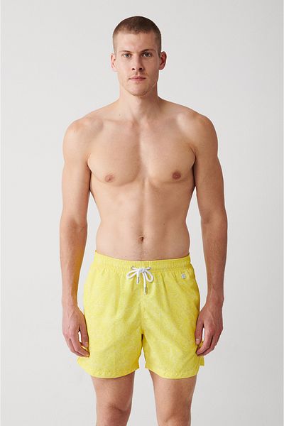 Avva Gelbe, schnell trocknende, mit Blumenmuster bedruckte Badehose in Standardgröße für Herren mit maßgeschneiderter Tragetasche, Badeshorts A31y3809