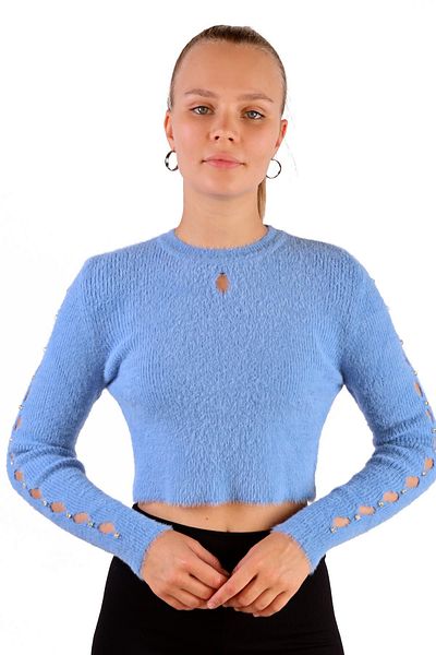 Rays Model 6626 - Pulover moale Baby Blue cu detaliu de piatră cu mâneci
