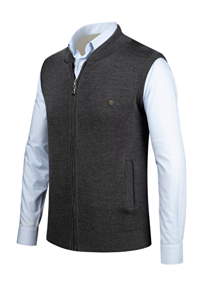 Çizgi Triko Stripe Knitwear Men's Knitwear Vest with Zipper Pocket Steel Knit Knitwear Classic Fit - 4241J