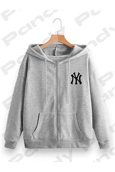 Gutsy NY Baskılı Unisex Kapüşonlu Kanguru Cepli Oversize Mevsimlik Fermuarlı ...