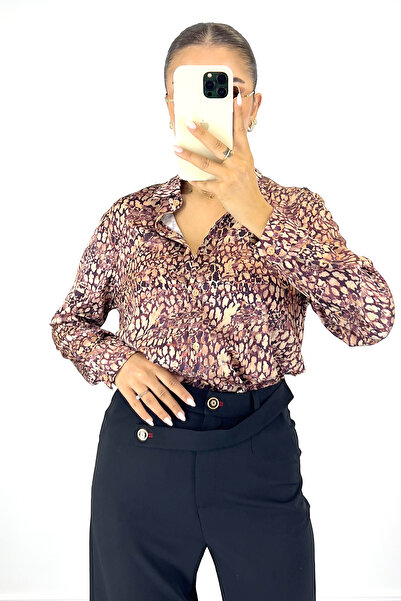 Lafaba Cămașă roz de damă din satin cu mânecă lungă