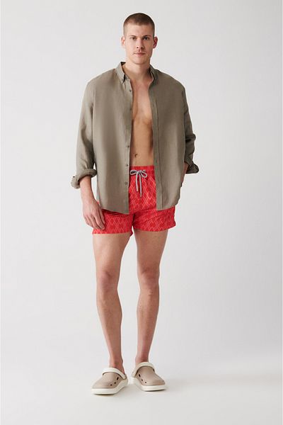 Avva Rot Schnelltrocknende Badeshorts mit geometrischem Aufdruck in Standardgröße, speziell verpackt, bequeme Passform