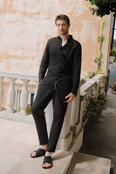 Avva Erkek Siyah Beli Lastikli %100 Keten Relaxed Fit Pantolon B003032