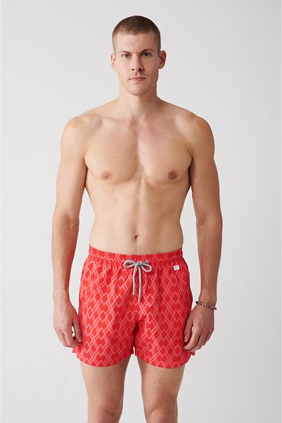 Avva Rot Schnelltrocknende Badeshorts mit geometrischem Aufdruck in Standardgröße, speziell verpackt, bequeme Passform