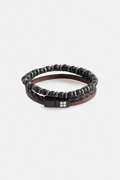 Avva Men's Black Leather and Jewelled 2-Piece Bracelet A32Y9628