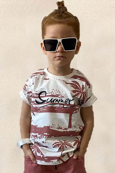 Riccotarz Set de tricou cu imprimeu text și palmier pentru băieți cu flori de rodie