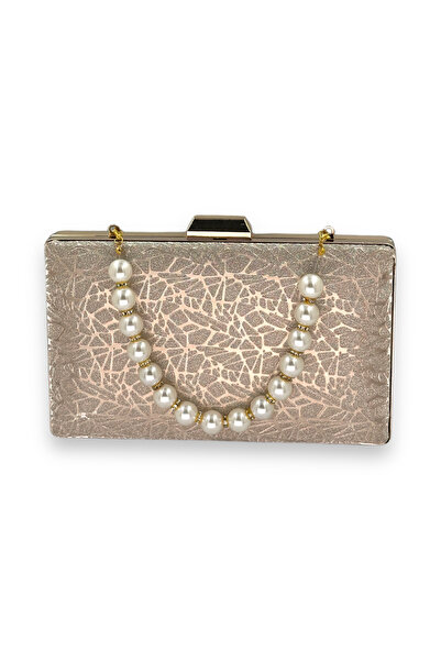 MidStore حقيبة سهرة ذهبية اللون مزينة باللؤلؤ ومقبض من اللؤلؤ مع نقش بالليزر ...