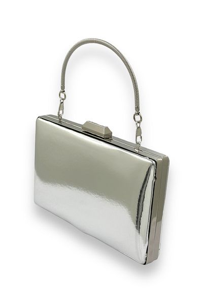 MidStore Silver Gray Lame Mirror Patent Leather Metal Handle Evening Dress Bag Evening Bag Henna Wedding Engagement Prom