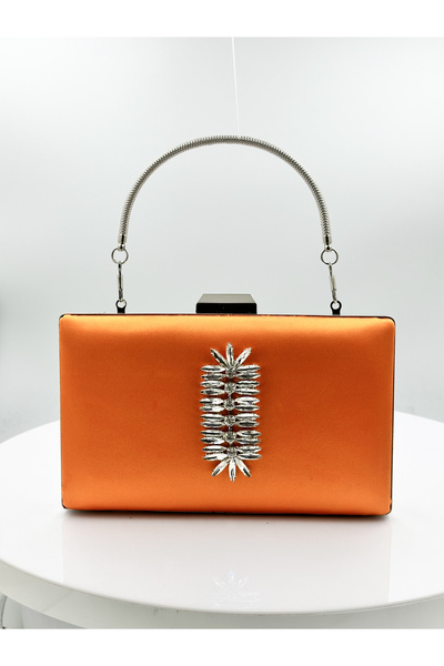 MidStore Orange Color Satin Silver Case Silver Stone Evening Dress Bag Evenin...