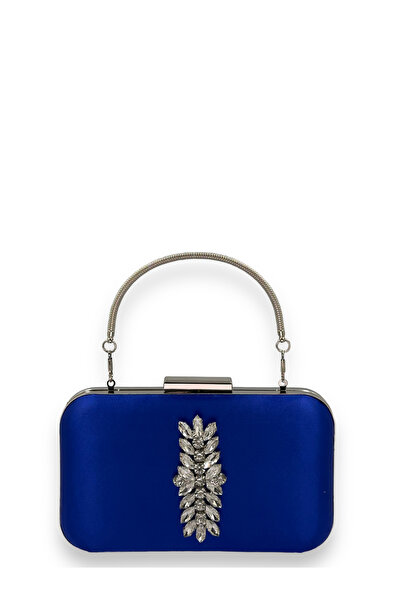 MidStore Cobalt Blue Color Satin Silver Case with Silver Stones Handle Evenin...