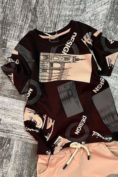 Riccotarz Boy's Design Text Printed Short Sleeve Black T-Shirt Set with Shorts