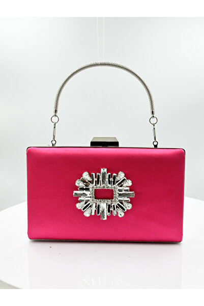 MidStore Fuchsia Color Satin Silver Case Silver Stone Evening Dress Bag Eveni...