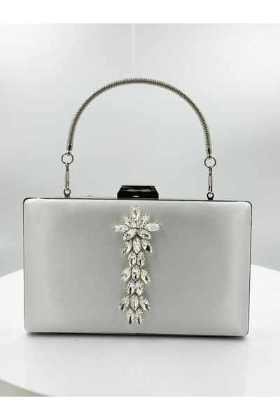 MidStore Ecru Color Satin Silver Case Silver Stone Evening Dress Bag Evening ...