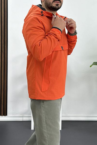 Edwox Men's Red Slim Fit Raincoat Coat - Crinkle Fabric, Kangaroo Pocket, Half Zipper Edw077