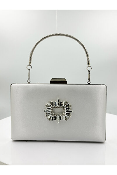 MidStore Ecru Color Satin Silver Case Silver Stone Evening Dress Bag Evening ...
