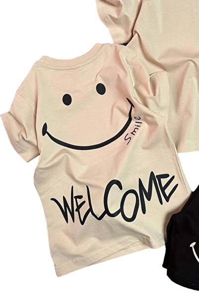 Riccotarz Welcome Text Black Combed Cotton T-Shirt and Smile Printed Shorts Set for Boys