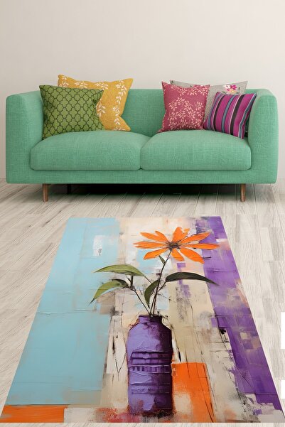 Pelangi Yağlı Boya Tablo Efektli Çiçekli Bohem Tarz Yıkanabilir Kaymaz Taban ...