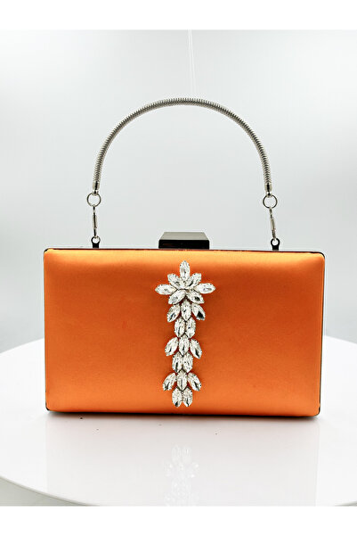 MidStore Orange Color Satin Silver Case Silver Stone Evening Dress Bag Evenin...