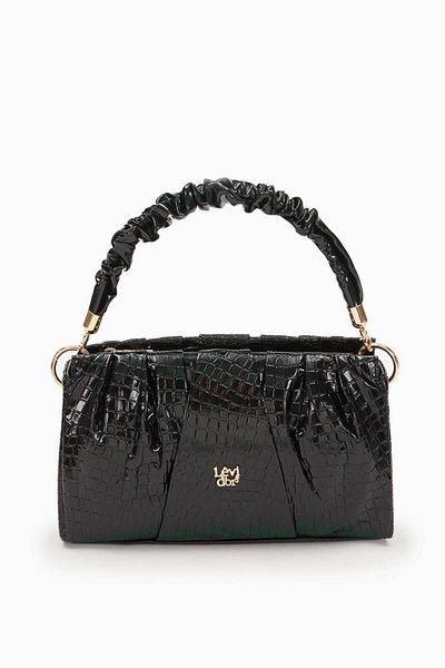 Levidor Black Wrinkle Patent Leather Handbag with Drawstring Detail