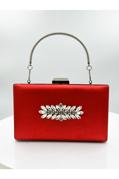 MidStore Red Color Satin Silver Case Silver Stone Evening Dress Bag Evening B...