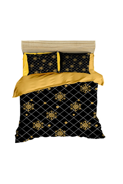 Fabeteks New Year's Snowflakes Gold Color White Striped Digital Duvet Cover Set