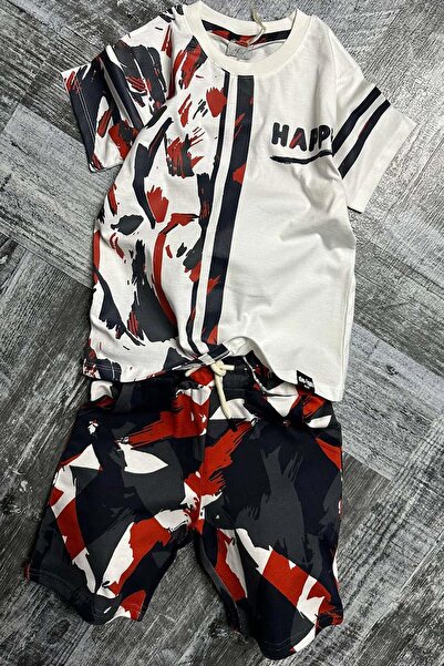 Riccotarz Boy's Happy Text and Camouflage Patterned Red Shorts Set with Pockets