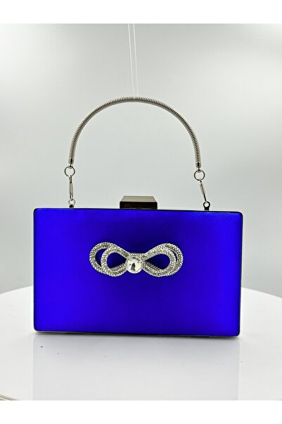 MidStore Cobalt Blue Colors Satin Silver Case Silver Stone Evening Dress Bag ...