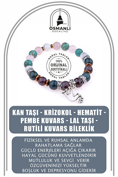 OSMANLI DOĞAL TAŞ Sertifikalı Doğal Taş Bileklik - Kan Taşı, Krizokol, Hemati...