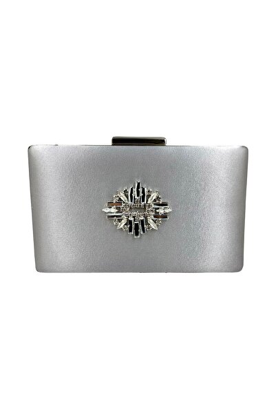 Wedding Fashion Geantă elegantă gri argintiu din material satin cu carcasă argintie și pietre argintii, pentru seară, nuntă sau logodnă.