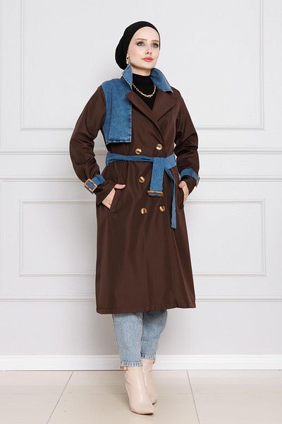 Sevitli Trenci cu Detaliu Denim-Maro