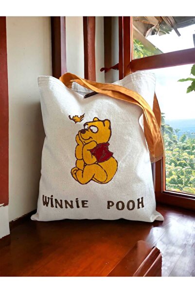 Pooh Ayı Çanta Seti,Kızlar için Kişiye Özel İsimli Bez Çanta, SarıBeyaz