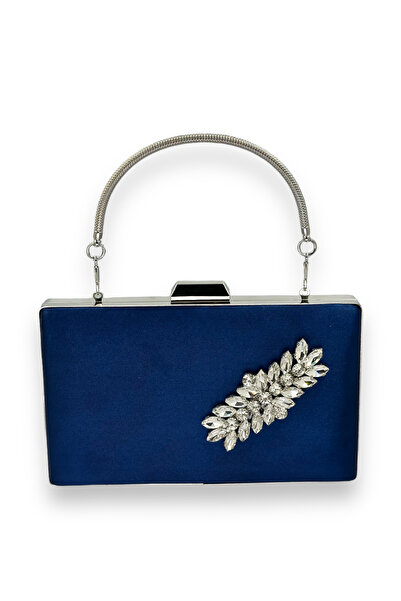 Generic Brand Navy Blue Satin Crystal Stone Evening Dress Clutch Stylish Eleg...