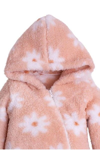 Chicsy Baby Winter Sweet Plush Hooded Floral Patterned Baby Kids Welsoft Jumpsuit