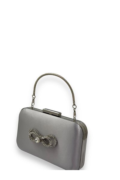 MSglame Rochie de seară din satin gri - clutch de logodnă de nuntă cu carcasă argintie și mânere cu pietre prețioase
