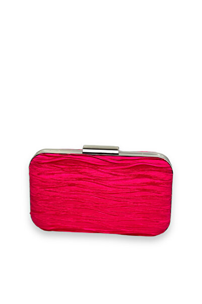 MidStore Fuchsia Pleated Satin Evening Bag with Metal Handle Henna Evening Bag