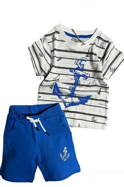 Riccotarz Set de tricou și pantaloni scurți cu dungi albastre cu imprimeu Anchor pentru bebeluș