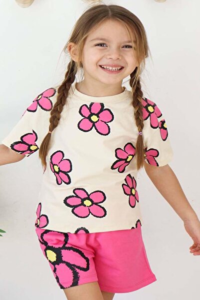 Riccotarz Girl's Floral Printed Pink Shorts Suit