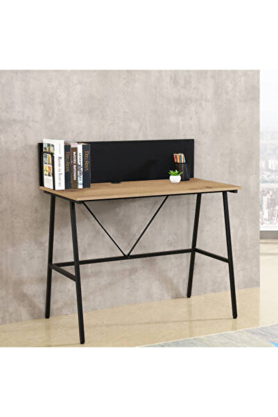 Adore Mobilya Retro Metal Ayaklı Arkalıklı Çalışma Masası-Ceviz/Siyah 100x100...