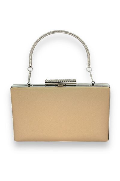 Wedding Fashion Nude Colored Matte Satin Evening Dress with Non-Scratch Hand and Print Detail, Evening Bag and Portfolio Clutch for Wedding and Engagement