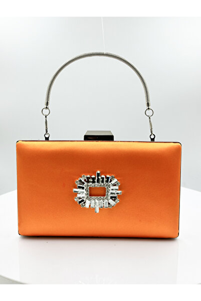MidStore Orange Color Satin Silver Case Silver Stone Evening Dress Bag Evenin...