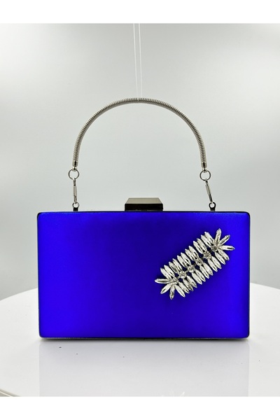MidStore Cobalt Blue Colors Satin Silver Case Silver Stone Evening Dress Bag ...