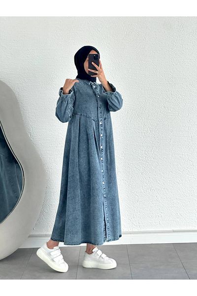 OlaLady Γυναικείο τζιν παλτό Hijab με κουμπιά μπροστά με πιέτες