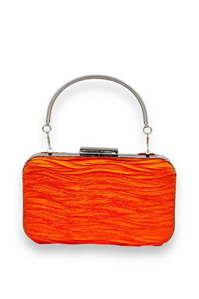 MidStore حقيبة سهرة برتقالية اللون من الساتان المطوي مع مقبض معدني، حقيبة سهر...