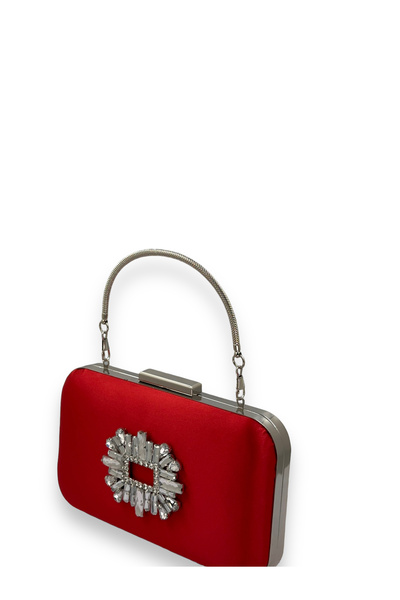 MidStore Red Color Satin Silver Case Silver Stone Handle Evening Dress Evenin...