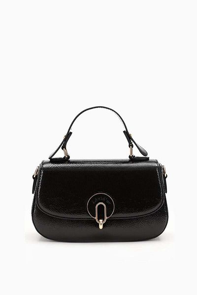 Levidor Black Wrinkle Patent Leather Single Compartment Lock Closure Handbag